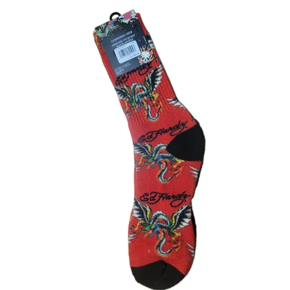 Ed Hardy 2-Pair Cushioned Crew Socks Shoe Size M 6-12, W 7.5 -13.5 Dragon